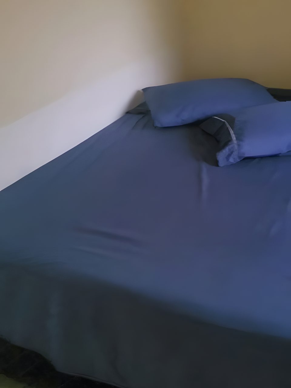 A cama de casal do Quarto 2, com roupa de cama azul.